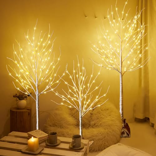 HOLILLUMA Outdoor Christmas Decoration LED Lighted Birch Trees 3 Packs | Christmas Trees with Burlap Decor, Warm White LED Lights, Power Supply by Adapter, Waterproof ,Home Decor(4FT&5FT&6FT)