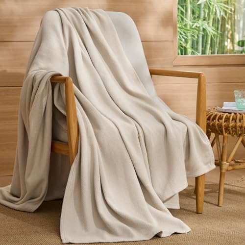 Bedsure GentleSoft 100% Cotton Large Throw Blanket for Couch 50x70 inches - Cooling Breathable and Lightweight, Soft Cozy Herringbone Woven Cotton Throw for Summer, Linen Beige Office Chair Blanket