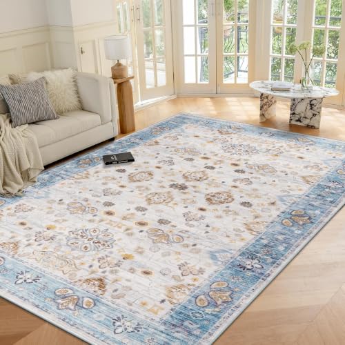 4x6 Area Rugs for Living Room, Washable Rug Vintage Floral, Blue
