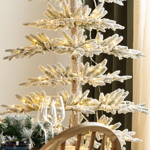 Glitzhome 9ft Pre-Lit Flocked Slim Artificial Christmas Tree with 650 Warm White LEDs, Realistic PE Needles Hinged Design for Modern Home Holiday Decor