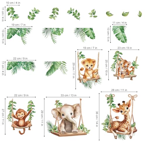 wondever Jungle Animal on Swings Wall Stickers Baby Lion Elephant Giraffe Tropical Leaves Peel and Stick Wall Art Decals for Children Nursery Kids Bedroom Living Room