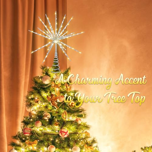 15 Inch Christmas Tree Star Topper with 150 LED Timer Lights & Remote, 19-Point USB Powered Lighted Silver Starburst Star Tree Topper for Indoor Holiday Party Xmas Tree Decor