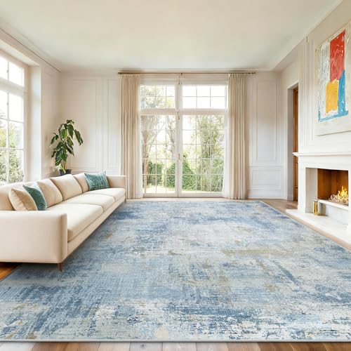 AMADA Washable 9'x12' Abstract Area Rug for Living Room Light Blue