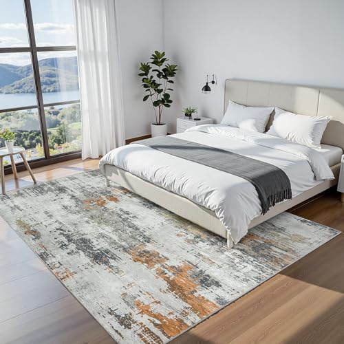 9x12 Area Rugs for Living Room: Washable Soft Grey Abstract Bedroom Carpet