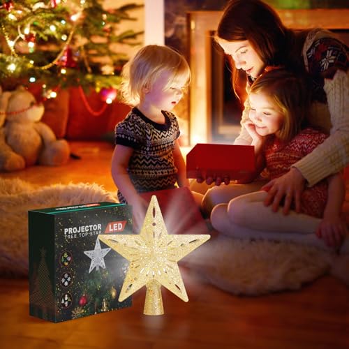 Winpull Christmas Tree Topper Lighted with 6 Pattern Projection Modes, Christmas Star Tree Topper Built-in LED Rotating Lights, Gold 3D Glitter Dynamic Projector for Christmas Decorations