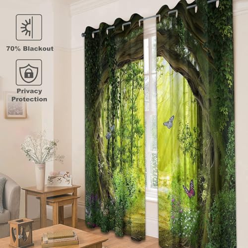 Enchanted Forest Blackout Curtains, 84 X 52 Inch, 2 Panels | Green Spring Tree Butterfly Scenic Nature, Woodland, Grommet Window Drapes, For Bedroom Living Room