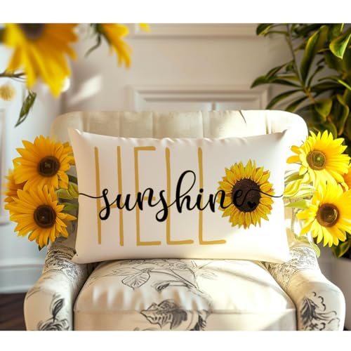 RABUSOFA Hello Sunshine Quote Sunflower Spring Summer Pillow Covers,Seasonal Outdoor Decorative Cushion Case Summer Decorations for Home Sunflower Decor 12x20 Inch