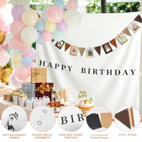 59x59 Inch Happy Birthday Tapestry Boho Minimalist Wall Banner with 10 Photo Frames White Fabric Wall Flag Indoor Outdoor Yard Birthday Party Decor