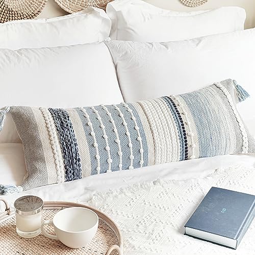 BlissBlush Coastal Blue Decorative Lumbar Pillow Cover 14x36 Boho Long Body Pillow for Bed Farmhouse Lumbar Throw Pillow for Couch Modern Accent Textured Throw Pillowcase