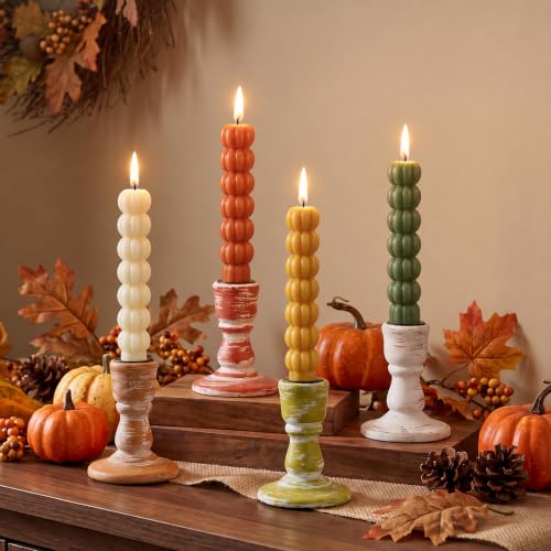 Fall Table Decor Rustic: Wooden Candlestick Holders Set of 4