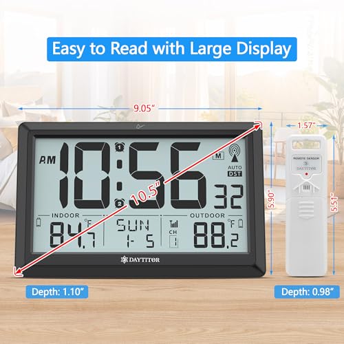 Atomic Clock Wall with Indoor/Outdoor Temp, Battery Operated Digital Wall Clock with 10.5" Large LCD Display, 330ft Range Desk Table Clock with Alarm, DST, Calendar for Living Room Bedrooms, Black