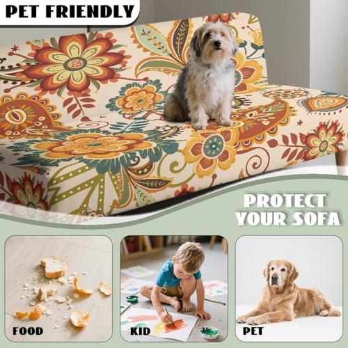 Elastic Fabric Sofa Couch Slipcovers Without Armrest, Furniture Protector for Kids and Pets Futon Slipcover Non Slip Protector Hippie Boho Flowers