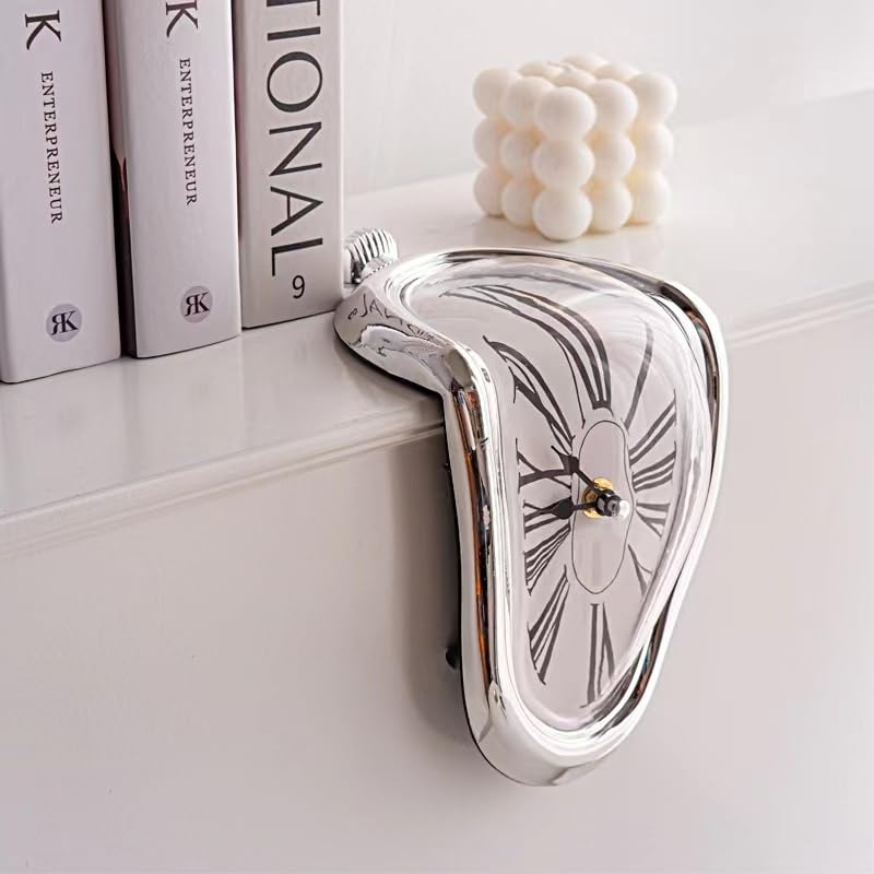 Melting Clock, Salvador Dali Watch Melted Clock for Decorative Home Office Shelf Desk Table Funny Creative Gift, Rome Silver