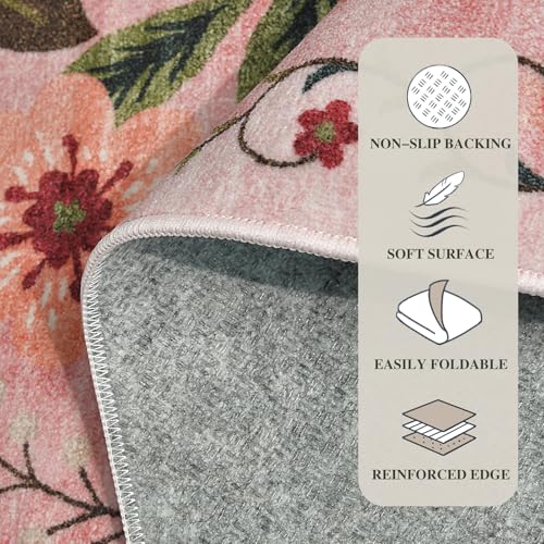 8x10 Washable Area Rug for Living Room, Floral Non-Slip Non-Shedding & Easy Care, Large Soft Low Pile Indoor Floor Carpet for Living Room, Bedroom, Farmhouse, Dining Room, Kids Playroom, Pink