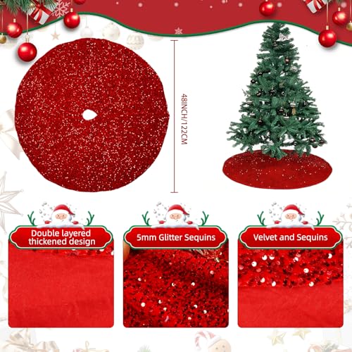 Christmas Tree Skirt 48 Inch, Red Sequin Christmas Trees Skirt, Large Sparkle Xmas Tree Stand Base Used for Christmas Holiday Indoor Home Decoration