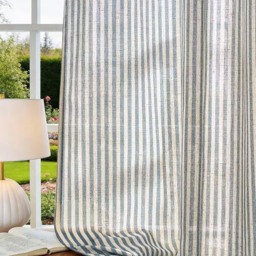 Vangao Linen Striped Curtains for Living Room Bedroom Farmhouse Tickingstripe Light Filtering Window Curtains Printed Drapes Grommet Top 2 Panels Blue W50 x L84 Inch