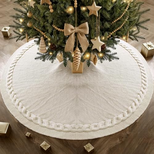 yuboo Boho Cream Cable Knit Tree Skirt,48 inch Neutral Knit Tree Skirt Christmas Tree Rug - White Bohemia Christmas Decorations
