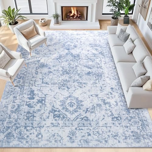 6x9 Area Rugs for Living Room, Large Washable Vintage Blue Living Room Rug, Soft Non-Slip Stain Resistant Throw Carpets for Dining Room Bedroom Office Farmhouse Home Decor, Blue
