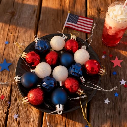 HipTree Mini Patriotic 4th of July Tree Ornaments Decorations,30ct 1.18 Inch Red White Blue Christmas Ornaments Set for Tree,Baubles for Memorial Day, Independence Day,Veterans Day, Flag Day