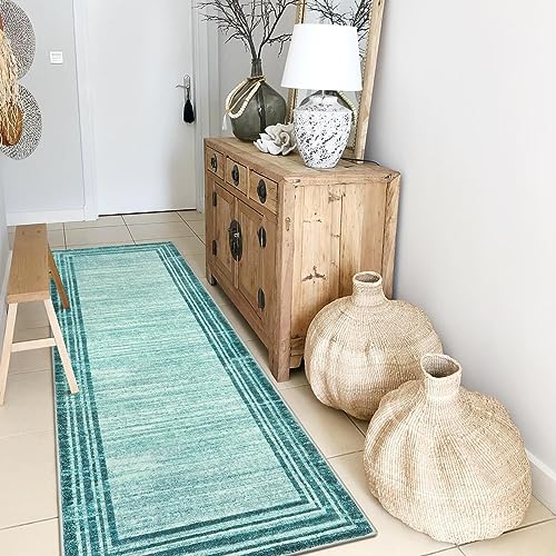 Lahome Modern Abstract Runner Rug, Washable Teal 2x6 Entryway Rug Runners Non Slip Hallway Runner, Low-Pile Soft Bathroom Runner Rug 6ft Kitchen Carpet Runner for Laundry Bedroom