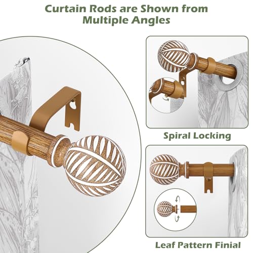 Wood Boho Curtain Rods for Windows:Wooden Farmhouse Decorative Curtain Rod for Bedroom Living Room,Heavy Duty Adjustable Rustic Bamboo Drapery Rods with Imitation Wood Grain Finials,Brown 36-88"