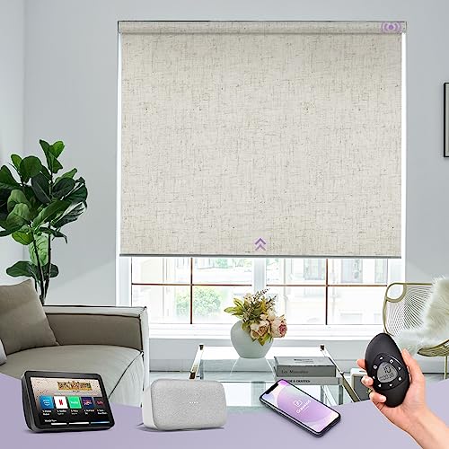 Graywind Motorized Roller Shades 100% Blackout Free Stop Window Shades Cordless Wireless Remote Control Window Roller Blinds with Valance for Smart Home and Office, Customized Size, Linen Beige