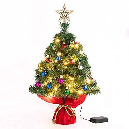 Sunnyglade 22Inch Tabletop Christmas Tree Mini Artificial Christmas Tree with 30 LED Lights & 24 Pcs Xmas Ball for Table Top Desk Classic Series Holiday Decoration (Green)