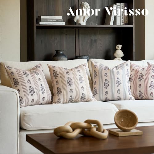 Amor Virisso Farmhouse Floral Throw Pillow Covers 18x18 Set of 2 Block Print Pillow Covers Neutral Boho Floral Striped Decorative Pillow Covers for Sofa Couch Bed, Brown