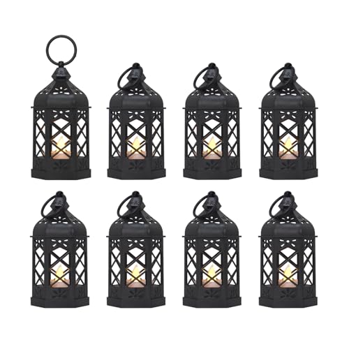 (8Pack-5Inch) Mini Lantern with Flickering LED Candle for Table Centerpiece, Black Halloween Decorations, Small Hanging Decorative Lantern for Wedding Christmas, Fall Garden Party Decor for Home