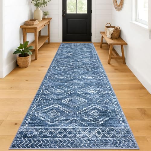 Washable Runner Rug 3x12 ft Runner for Hallway, Stonewashed Blue