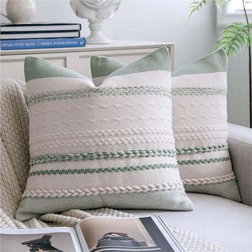 Boho Throw Pillow Covers 18x18 Inch Set of 2, Sage Green Textured Decorative Couch Pillow Cases for Farmhouse Home Decor, Accent Cushion Cover for Sofa, Bed, Living Room, Bedroom