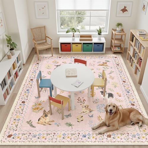 Soalmost Dog 9x12 Pink Area Rugs for Baby Girl Nursery, Washable Soft Rug