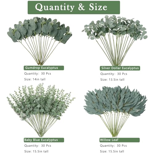 120 Pcs 4 Kinds Mixed Artificial Eucalyptus Leaves Stems Bulk Fake Silver Dollar Eucalyptus Bundle Faux Plants Greenery for DIY Bouquets Floral Arrangement Wedding Engagement Party Decor (Green)