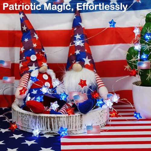 BOHON 4th of July Decorations Battery Operated String Lights with Timer 13 ft 40 LEDs Red White and Blue Star American Flag Lights for Home Patriotic Memorial Independence Day Fourth of July Decor