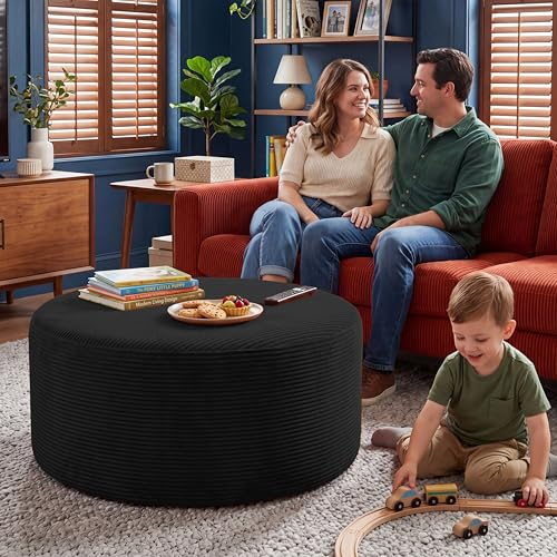 Round Coffee Table Ottoman for Corduroy Cloud Sectional Couches in a Box Memory Foam Compressed Pouf Footstool Rest for Living Room, Bedroom, Makeup Room No Assembly Require(Black, 27.6")