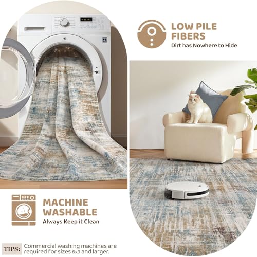 UERMEI 9x12 Area Rug for Living Room: Washable Modern Neutral Abstract Large Soft Low Pile Carpet Non-Slip Pet Kids Friendly Indoor Decor for Bedroom Dining Room Home Office Nursery Blue Brown
