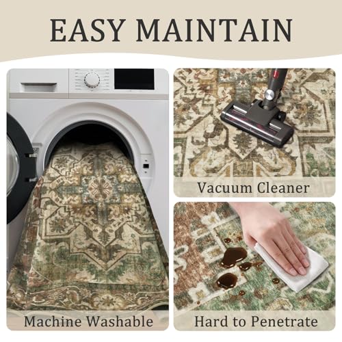 Washable 4x6 Area Rug, Green Vintage Floral Non-Slip for Bedroom, Entryway