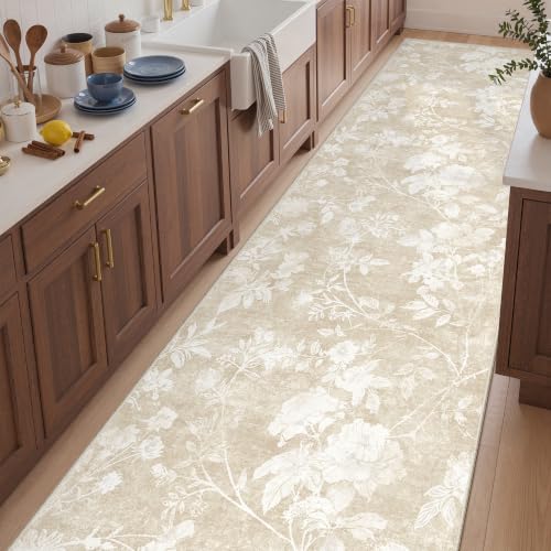 Soalmost Hallway Runner Rug 3x10, Neutral Floral Washable Runner Rug Beige