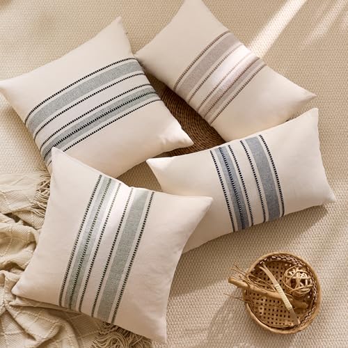 Striped Linen Textured Throw Pillow Covers 18x18 Inch Set of 2,Boho Decorative Cushion Covers, Neutral Navy Blue Accent Pillowcases for Couch, Sofa, Bed Farmhouse & Modern Living Room Decor