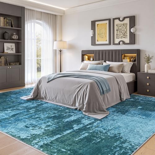 5x7 Blue Washable Area Rug Non-Slip Faux Wool Abstract Rug