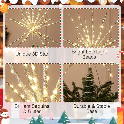 15 Inch Christmas Tree Star Topper with 150 LED Timer Lights & Remote, 19-Point USB Powered Lighted Silver Starburst Star Tree Topper for Indoor Holiday Party Xmas Tree Decor