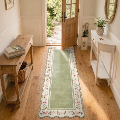 Lahome Green Hallway Runner Rug 2x8, Scalloped Floral Runner