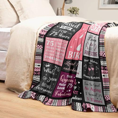 Ivivis 75th Birthday Gifts for Women Throw Blanket 60”x50”, Happy 75th Birthday Decorations for Women, 1951 Bday Gift for 75 Year Old Woman Mom Grandma Friend
