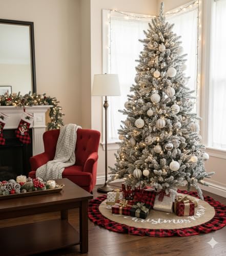 48 Inch Christmas Tree Skirt Linen Burlap Buffalo Plaid Edge Decoration for Merry Christmas Party Red and Black Buffalo Christmas Tree Skirt Decorations