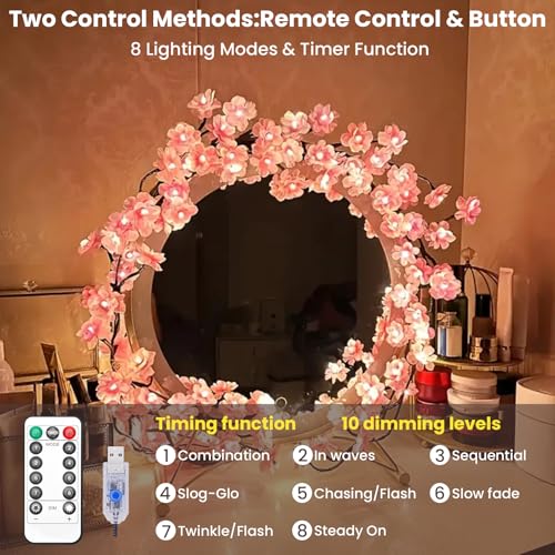 Cherry Blossom Tree Branch Lights for Wall,Cherry Enchanted Willow Vine Lights,with 48 LED and 8 Lighting Modes,Remote Timer,for Bedroom Wall Doors Windows Wedding Christmas Holiday (47inch)