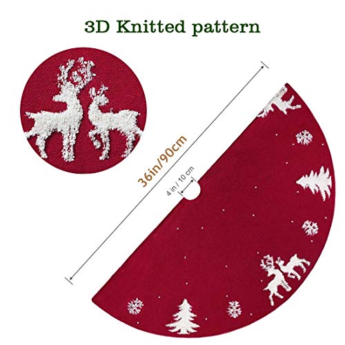 LOMOHOO Tree Skirt 36 inches Knitted Christmas Tree Skirts Red 3D Elk Knit Thick Rustic Tree Skirts Xmas Holiday Ornaments Indoor Outdoor Christmas Decoration