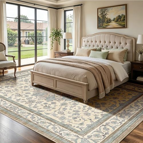 8x10 Area Rugs for Living Room, Washable Distressed Boho Non Slip Large Rug, Soft Low Pile Stain & Fade Resistant Carpet for Bedroom, Dining Room, Home Office, Cream Blue