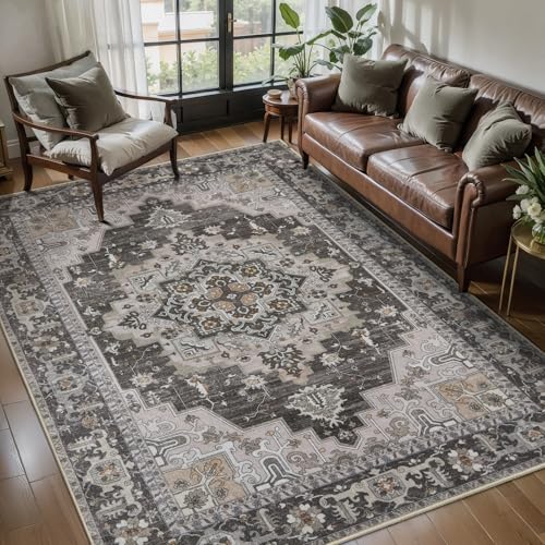 Tangsoo Vintage 4x6 Washable Area Rug for Living Room, Non Slip Rug Grey