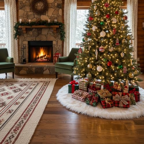 48 Inch White Faux Fur Christmas Tree Skirt, Luxury Plush Tree Base Cover for Holiday Party and Home Christmas Decor