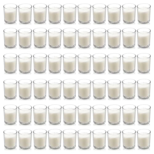 Housecret 60 Pack Warm White Unscented Clear Glass Filled Votive Candles. Hand Poured Wax Candle Ideal Gifts for Aromatherapy Spa Weddings Birthdays Holidays Party